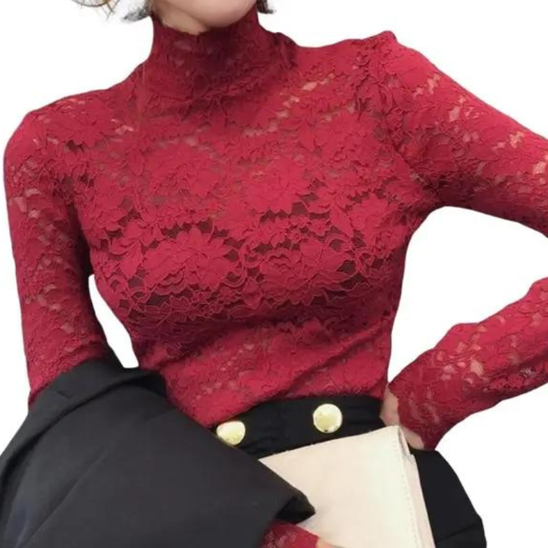 Chic Women's Lace Top with Long Sleeves and High Neck
