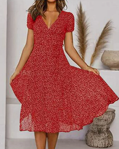 Ronelyn | Printed V-Neck Dress with Short Sleeves