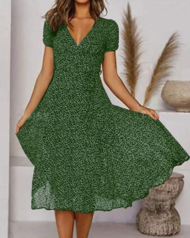 Ronelyn | Printed V-Neck Dress with Short Sleeves