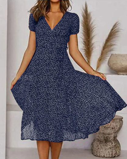 Ronelyn | Printed V-Neck Dress with Short Sleeves