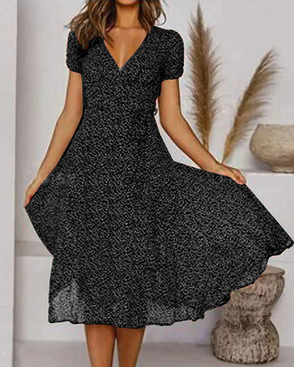 Ronelyn | Printed V-Neck Dress with Short Sleeves
