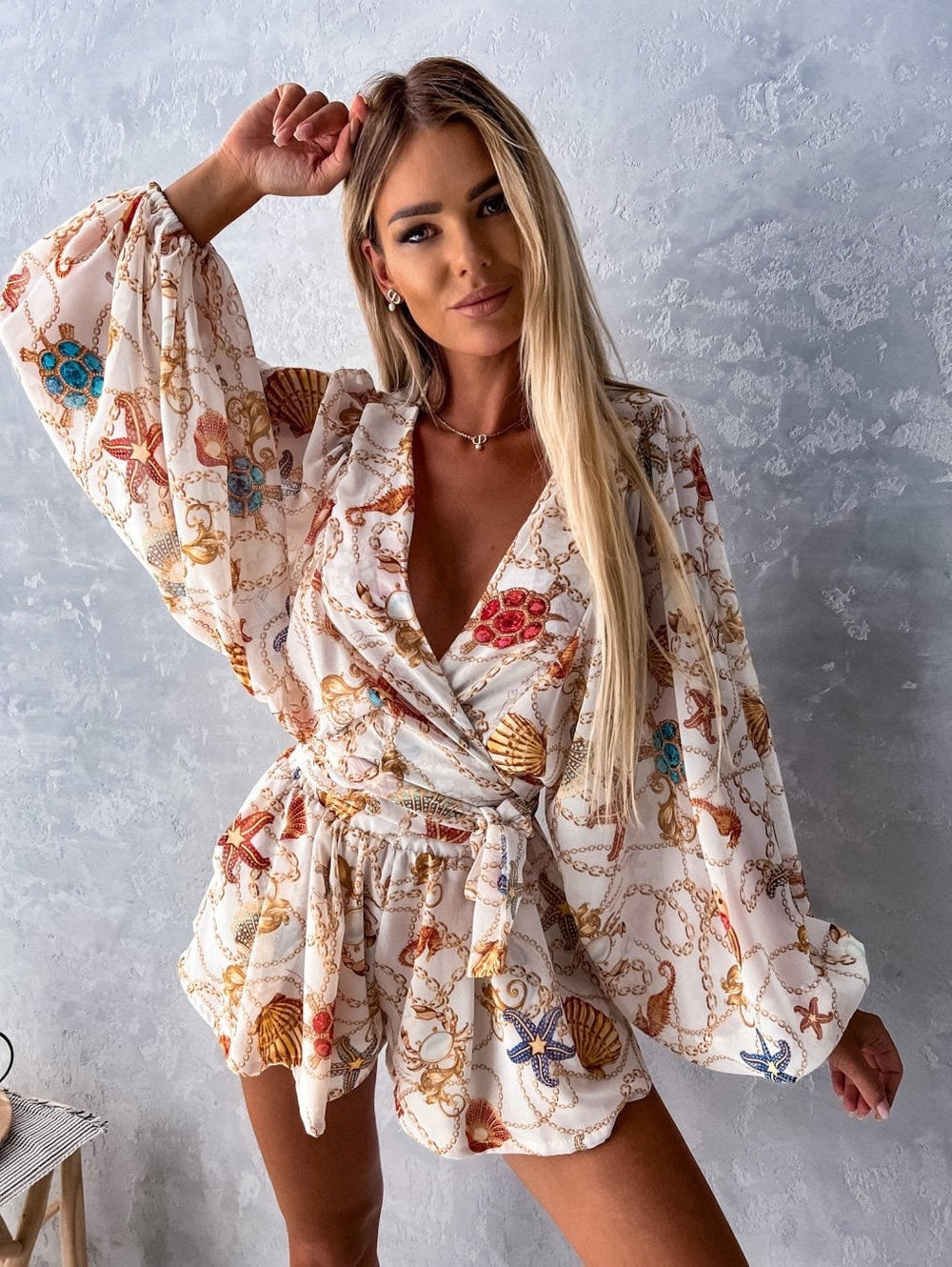 Floortje | Flowing Playsuit with Tropical Print and Kimono Sleeves