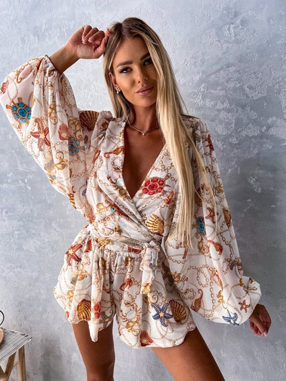 Floortje | Flowing Playsuit with Tropical Print and Kimono Sleeves