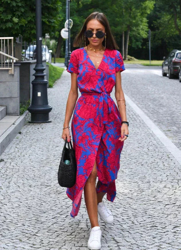 Airy Summer Women's Midi Dress with V Neck and Short Sleeves