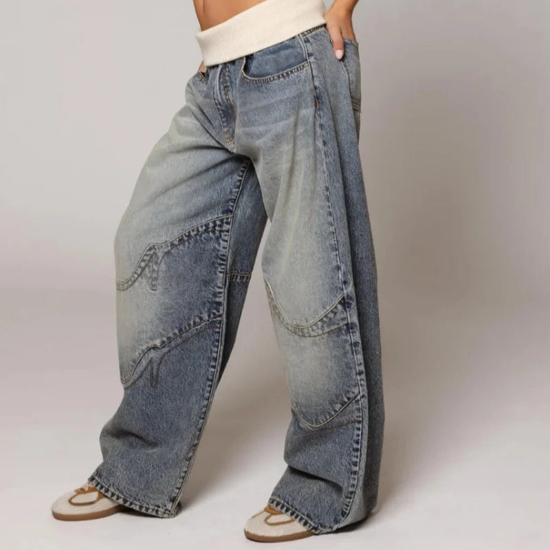Trendy Women's Low Rise Jeans With Wide Leg Patchwork
