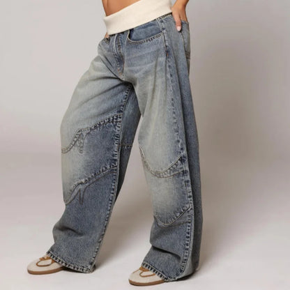 Trendy Women's Low Rise Jeans With Wide Leg Patchwork