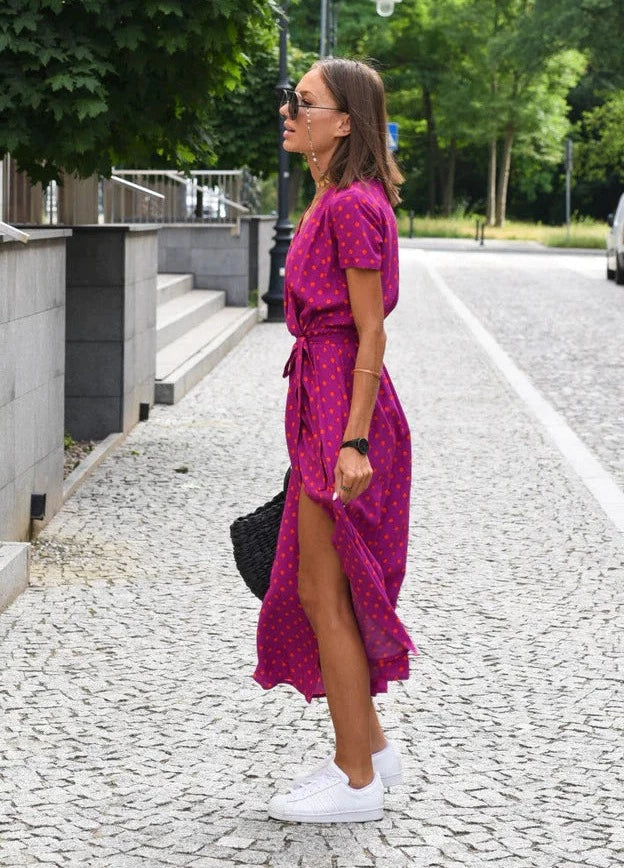 Airy Summer Women's Midi Dress with V Neck and Short Sleeves