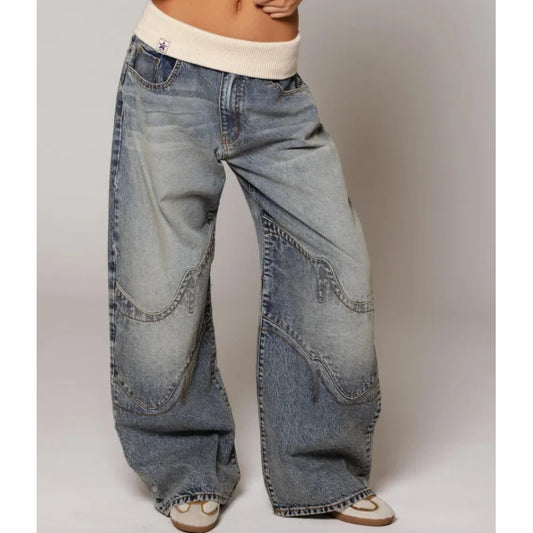 Trendy Women's Low Rise Jeans With Wide Leg Patchwork