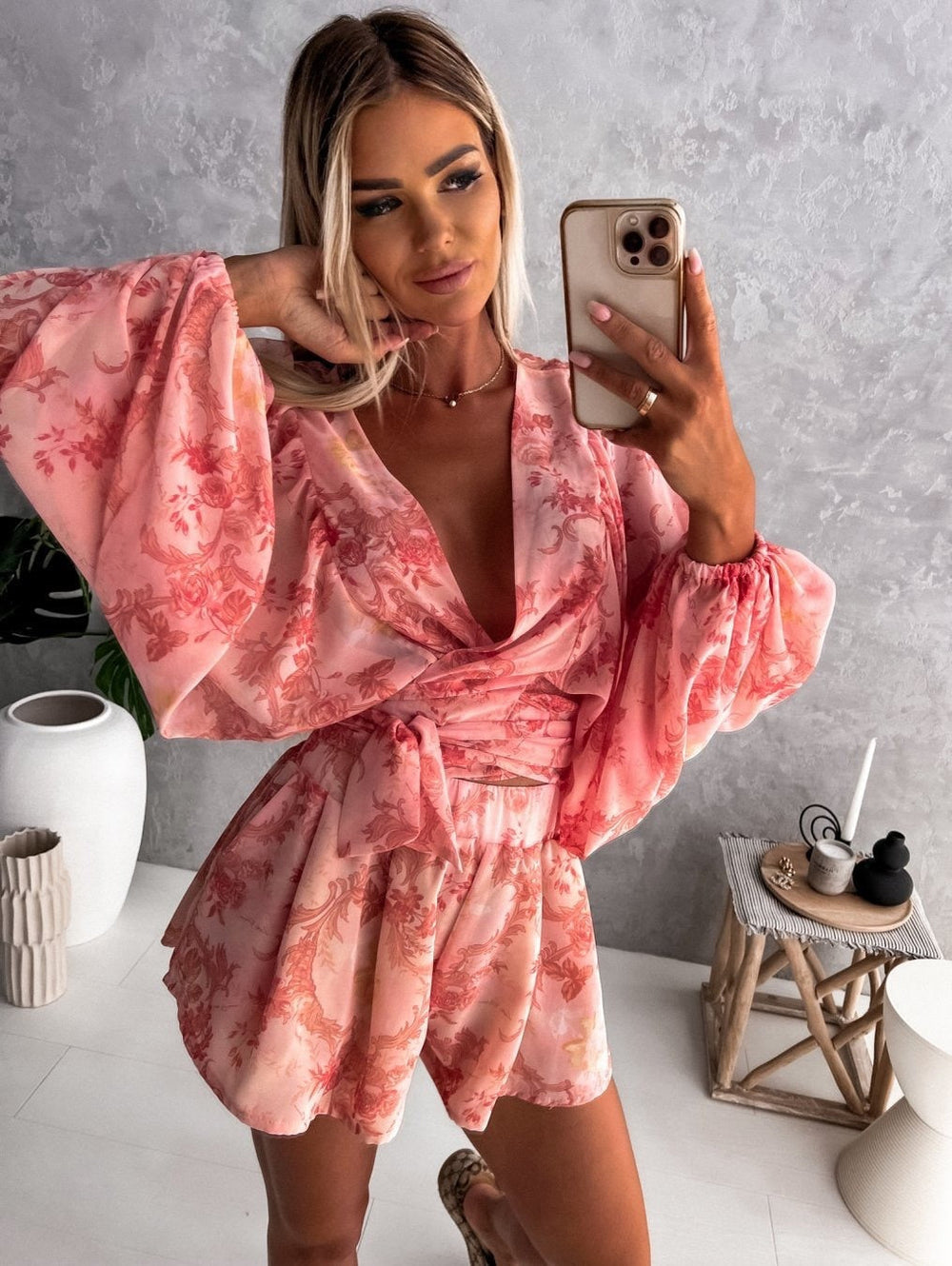 Floortje | Flowing Playsuit with Tropical Print and Kimono Sleeves