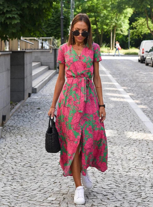 Airy Summer Women's Midi Dress with V Neck and Short Sleeves