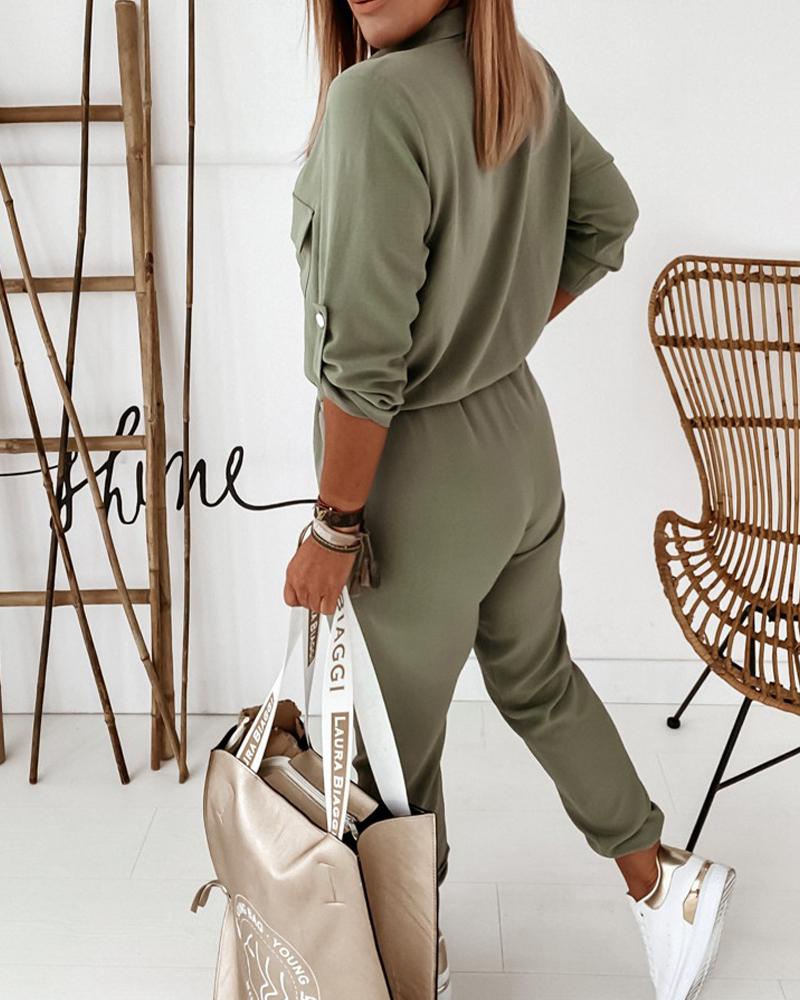Casual Green Women's Utility Jumpsuit With Long Sleeves