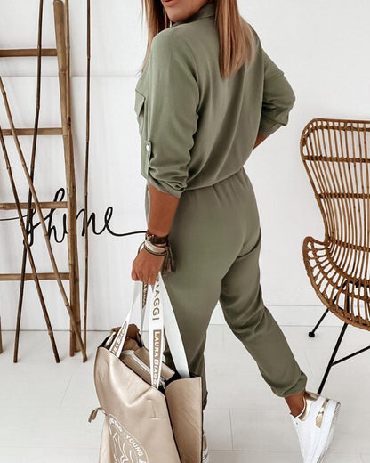 Casual Green Women's Utility Jumpsuit With Long Sleeves