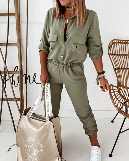 Casual Green Women's Utility Jumpsuit With Long Sleeves