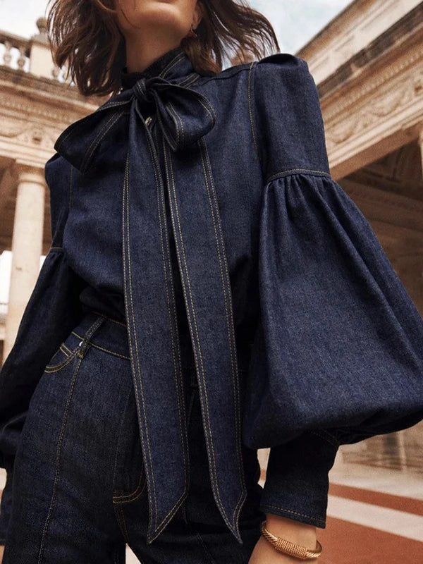 Marlies | Denim Women's Blouse with Bow