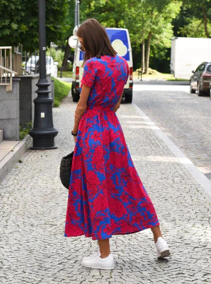 Airy Summer Women's Midi Dress with V Neck and Short Sleeves