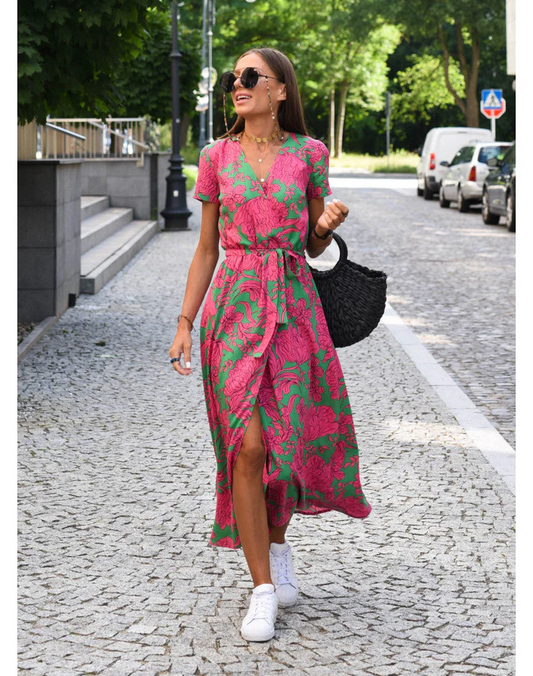 Airy Summer Women's Midi Dress with V Neck and Short Sleeves