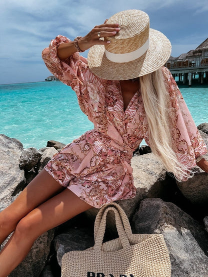 Floortje | Flowing Playsuit with Tropical Print and Kimono Sleeves