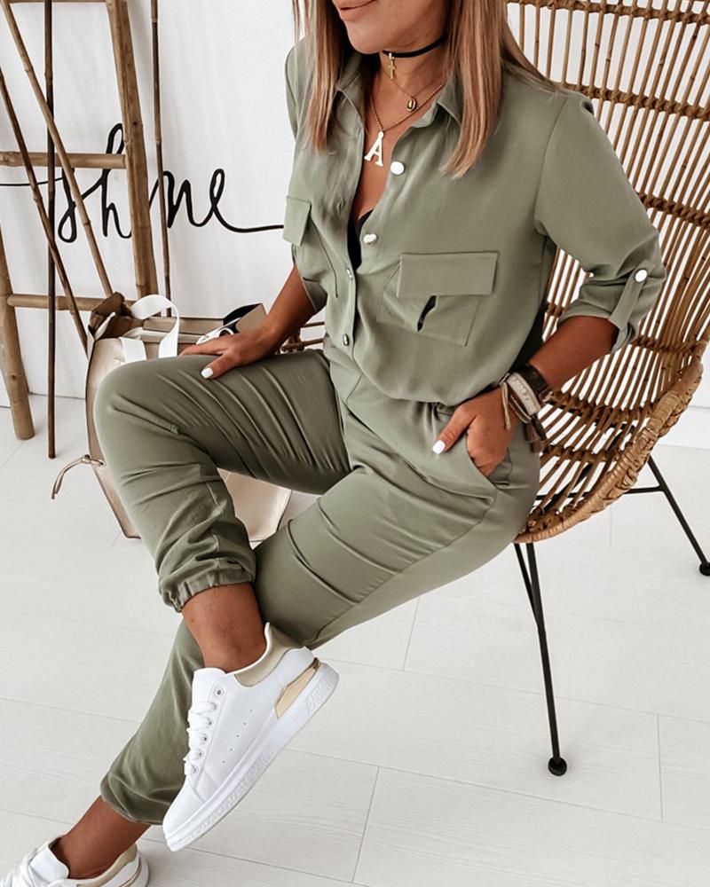 Casual Green Women's Utility Jumpsuit With Long Sleeves