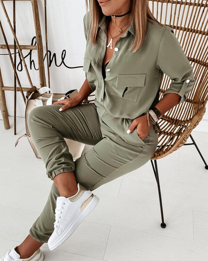 Casual Green Women's Utility Jumpsuit With Long Sleeves