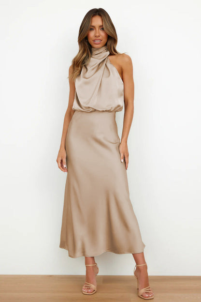 Nela| Satin Halter Midi Dress
