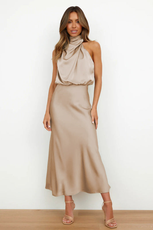 Nela| Satin Halter Midi Dress