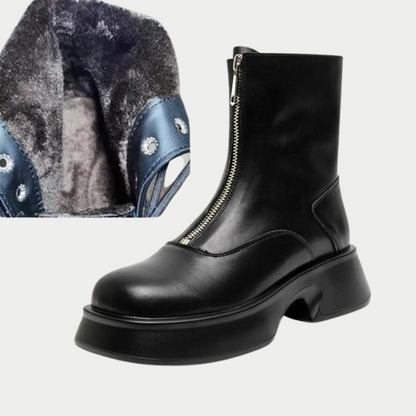 Elegant Women's Leather Ankle Boots With Warm Lining And Zipper