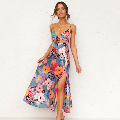 Maxi Summer Dress With Floral Print And Bow Detail