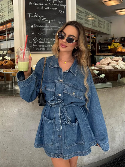 Long Trendy Denim Jacket for Women with Belt and Pockets