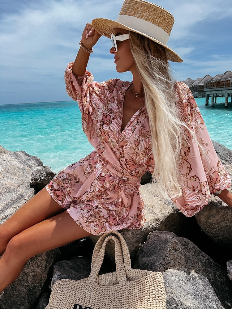 Floortje | Flowing Playsuit with Tropical Print and Kimono Sleeves