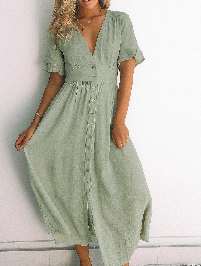 Elegant Summer Women's Midi Dress with V Neck and Button Closure