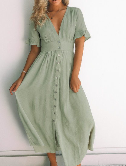 Elegant Summer Women's Midi Dress with V Neck and Button Closure