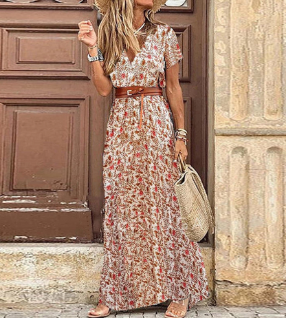 Bohemian Summer Women's Maxi Dress With Print And V Neck