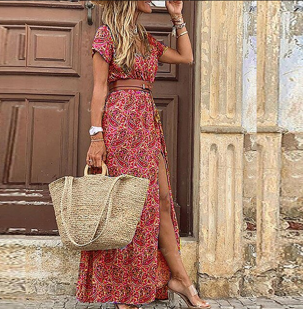 Bohemian Summer Women's Maxi Dress With Print And V Neck