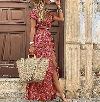 Bohemian Summer Women's Maxi Dress With Print And V Neck