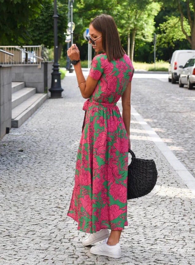 Airy Summer Women's Midi Dress with V Neck and Short Sleeves