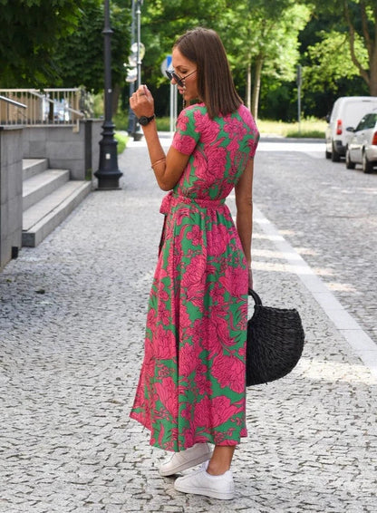 Airy Summer Women's Midi Dress with V Neck and Short Sleeves