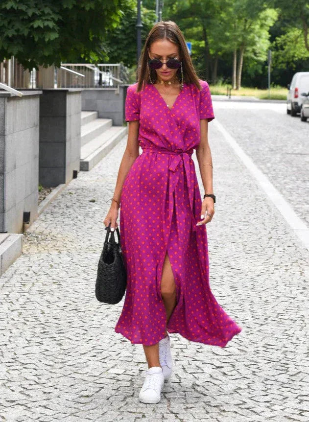 Airy Summer Women's Midi Dress with V Neck and Short Sleeves