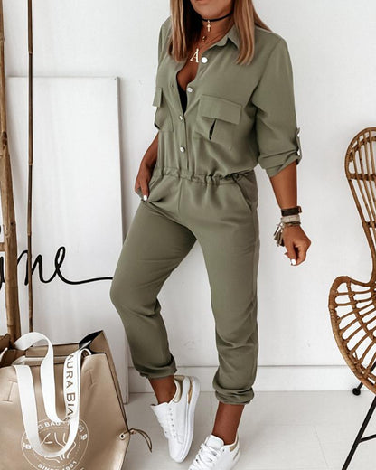 Casual Green Women's Utility Jumpsuit With Long Sleeves