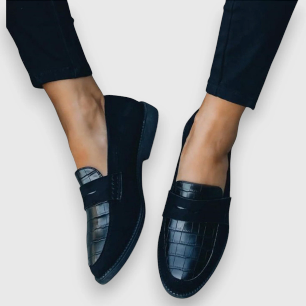 Black Orthopedic Loafers With Crocodile Print For Women