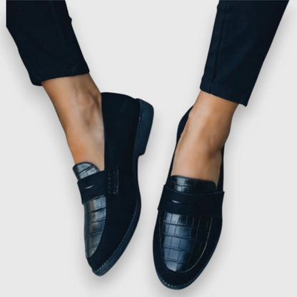 Black Orthopedic Loafers With Crocodile Print For Women