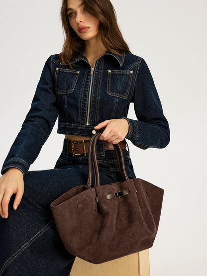 Large Women's Brown Leather Shoulder Bag with Modern Closure