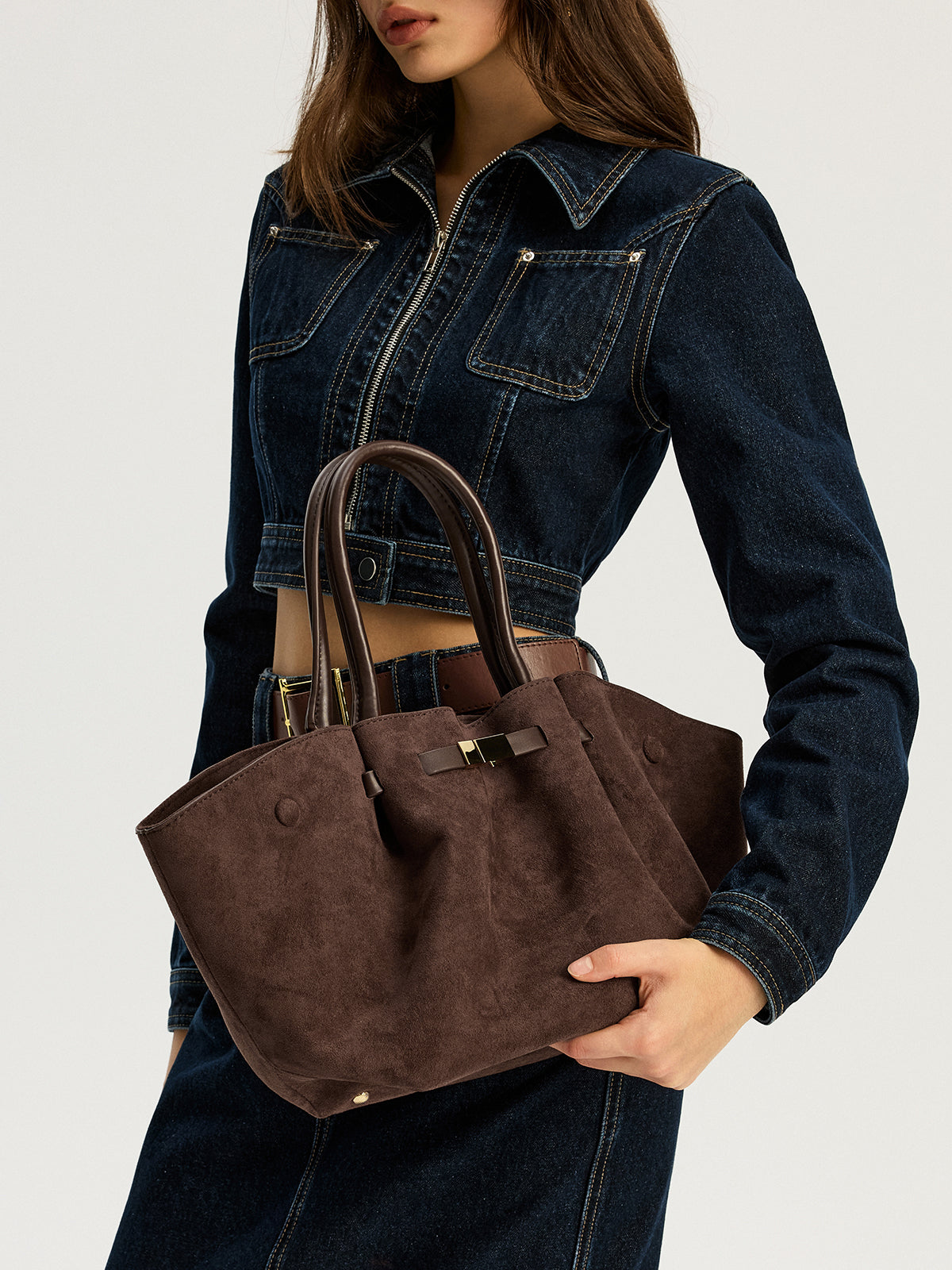 Large Women's Brown Leather Shoulder Bag with Modern Closure
