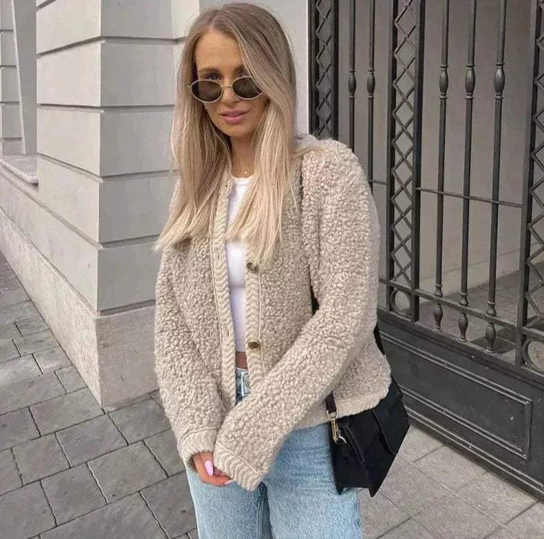 Women's Teddy Style Mid-Length Jacket With Buttons And Soft Texture