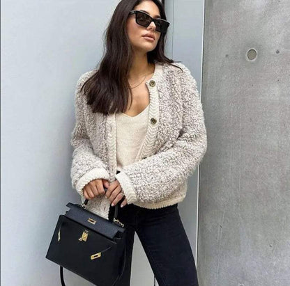Women's Teddy Style Mid-Length Jacket With Buttons And Soft Texture
