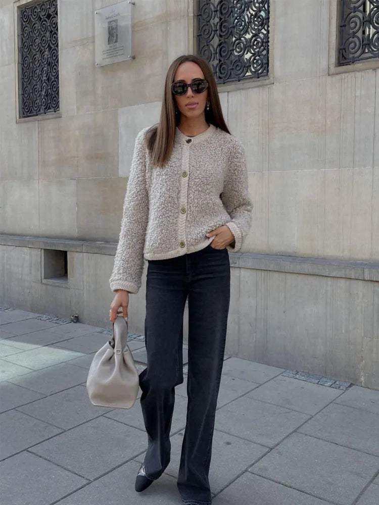 Women's Teddy Style Mid-Length Jacket With Buttons And Soft Texture