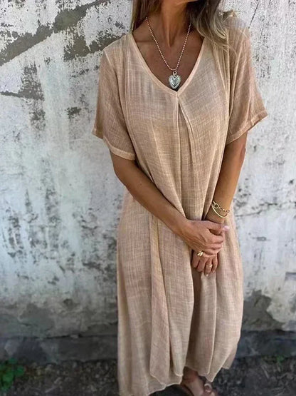 Betsy | Cotton-Linen V-Neck Midi Dress