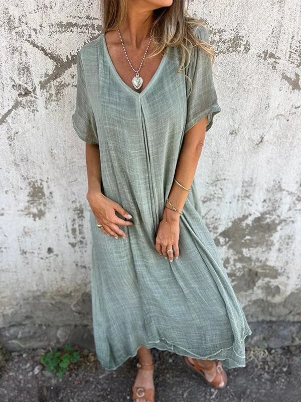 Betsy | Cotton-Linen V-Neck Midi Dress