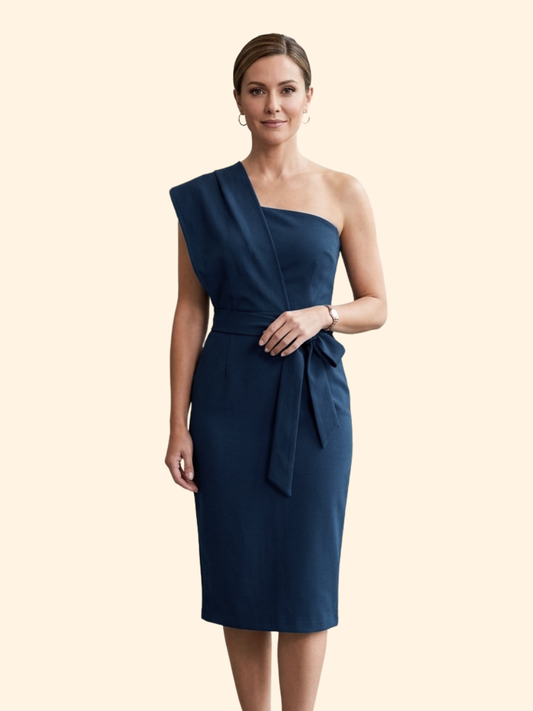 Fitted Women's One Shoulder Midi Dress With Waist Belt