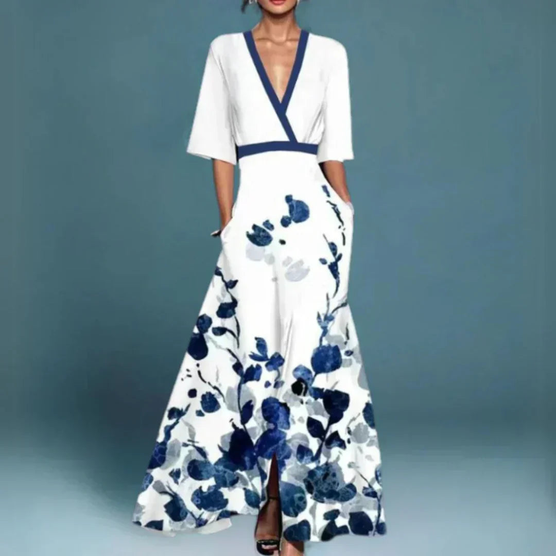 Gala Maxi Dress With Floral Print And V Neck