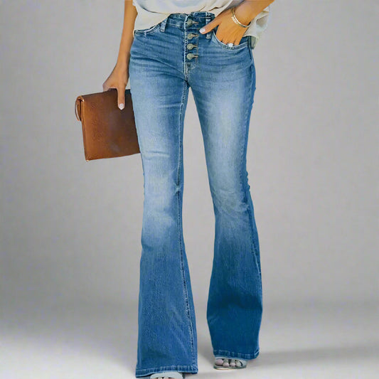 Elegant Women's Wide Jeans With High Waist And Button Closure